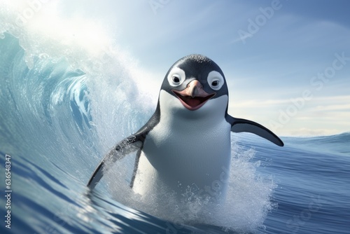 smiling penguin surfer catching a wave