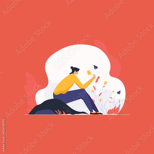 Relaxed woman in a Nature Forest, Psychology, Health and wellness concept, Peace or Calm Illustration