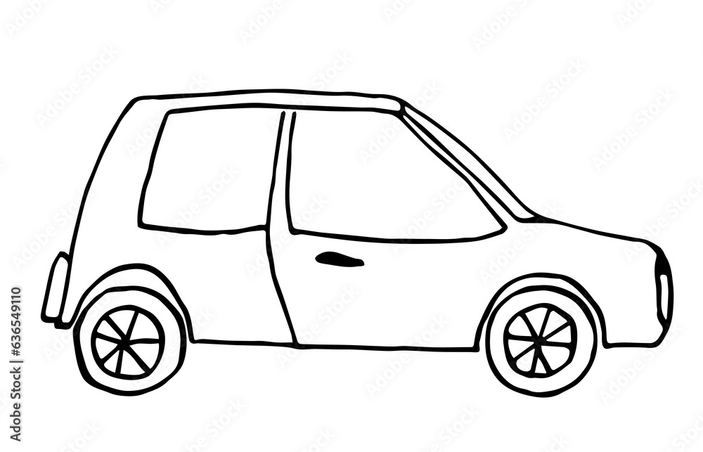 Simple sketch with black outline in doodle style. Small car, transport. Children's drawing.