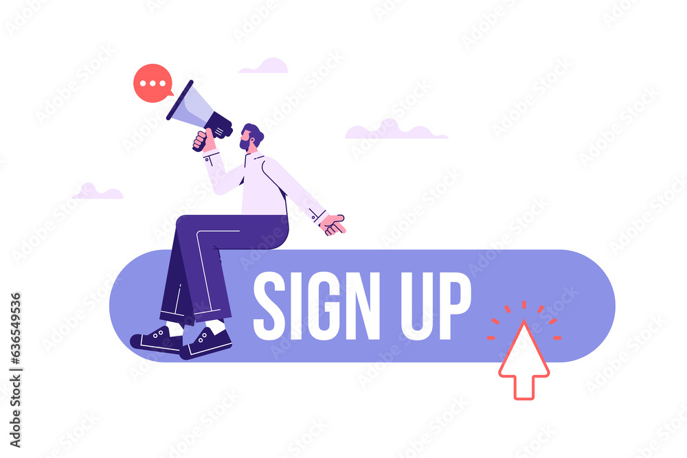 Attention message or motivation for user to signing up or login to online account concept, businessman with megaphone motivate user to sign up now, call to action in online advertising