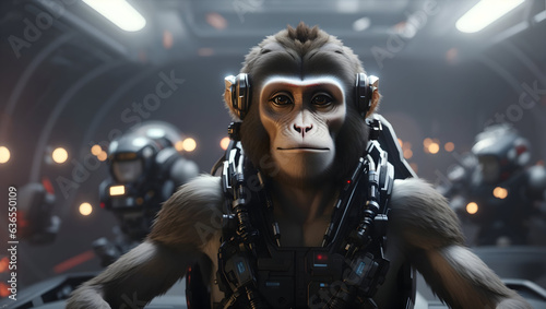 monkey in the alien ship with a robot.