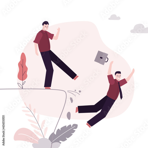 Competition, business betrayal. Fake friend pushes colleague into abyss. Angry boss kicks male employee from cliff, dismissal, staff reduction. Unemployment, economic crisis.