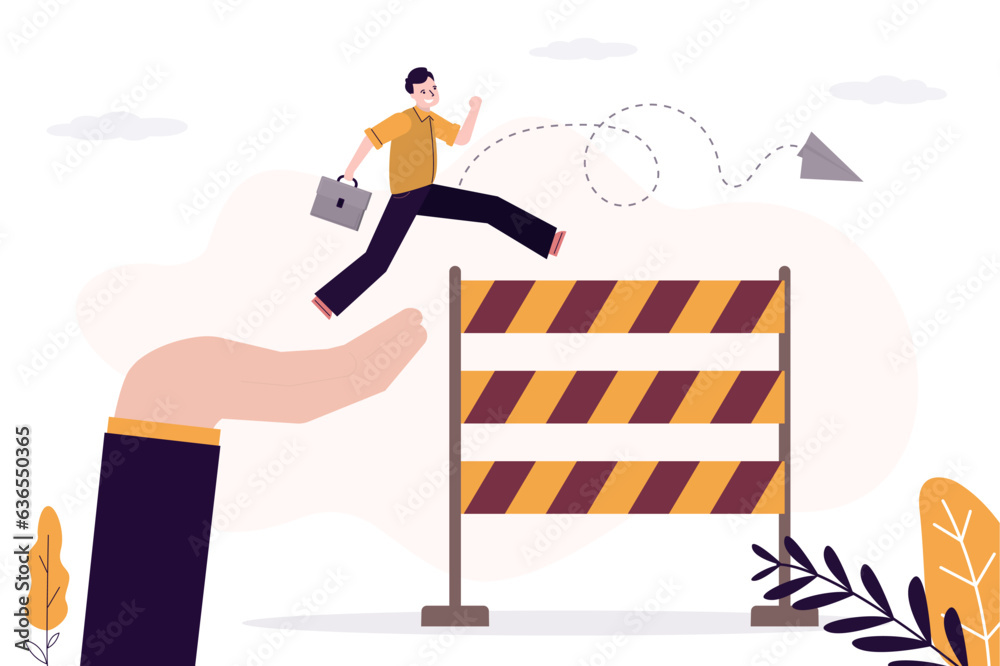 Giant hand helps businessman jump over hurdle. Overcoming obstacles, solving business problems. Business coach supporting improve skills, mentorship.