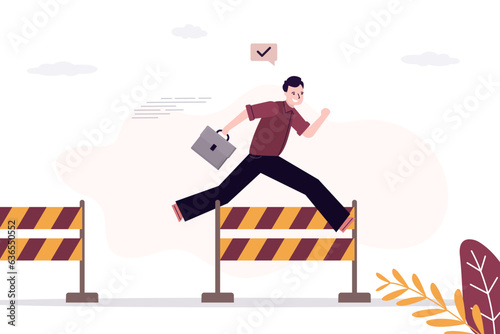 Businessman jumps over hurdle. Overcoming obstacles, solving business problems. Skills improvement. Successful employee fast run. Confident male character.