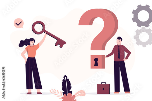 Businessman search and not find answers. Giant question mark. Business coach or mentor help overcoming business obstacles. Teacher woman hold key. Mentorship, support.