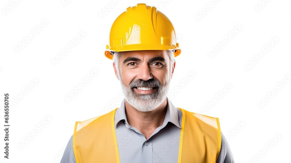 Portrait of male architect engineer in uniform on white background. Created using generative AI technology. Portrait of male architect engineer in uniform on white background. Created using generative AI technology.