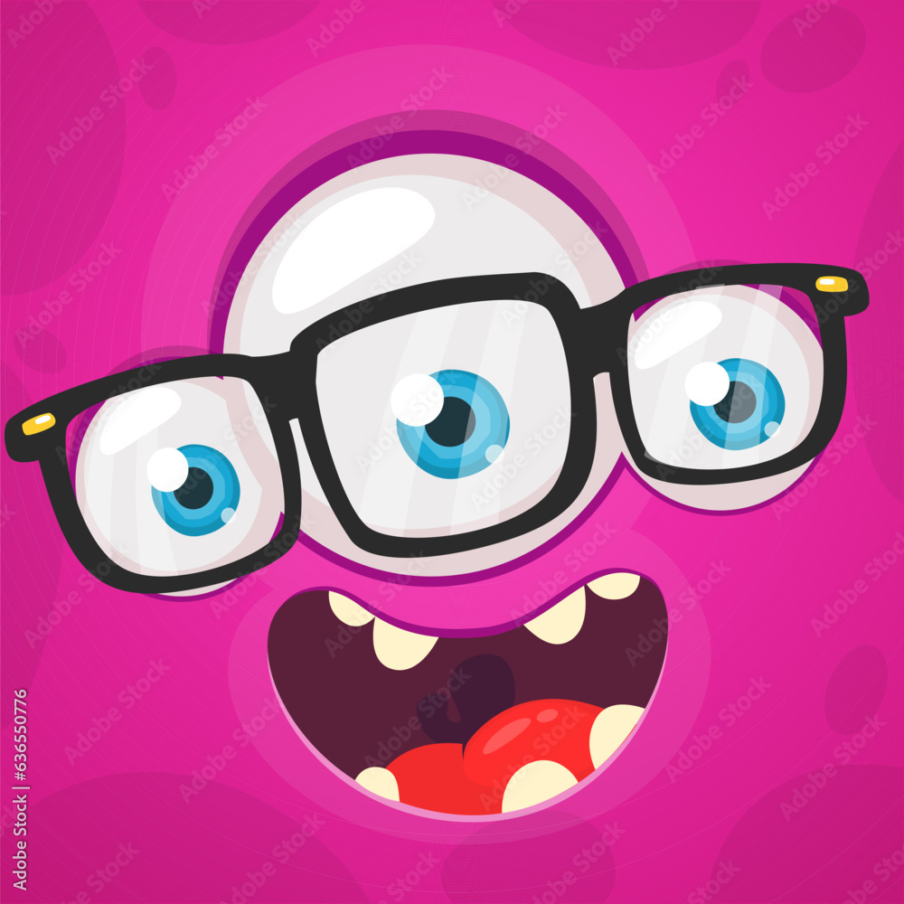 Cartoon monster or alien face with three eyes wearing eyeglasses. Vector Halloween monster illustration