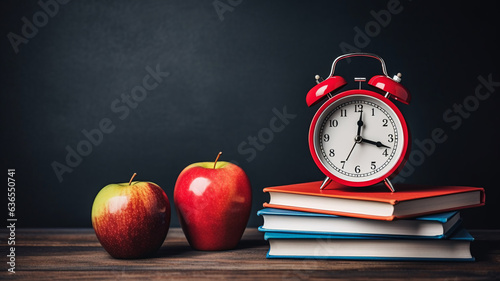 Back to school concept with books, watches, apple and school staff stationery copy space banner background.
