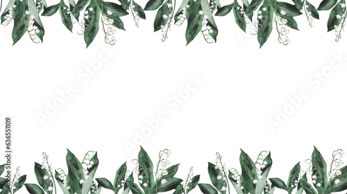 Watercolor banner with spring lilies of the valley branches. Illustration isolated  white backgraund. Design for printing postcards  invitations to weddings  birthdays  spring and summer holidays