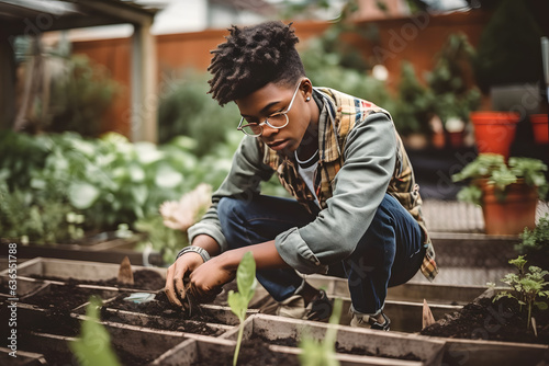 A teenage boy of African American heritage volunteering at a local community garden, nurturing plants and promoting sustainable practices. Generative AI © Mihai Zaharia
