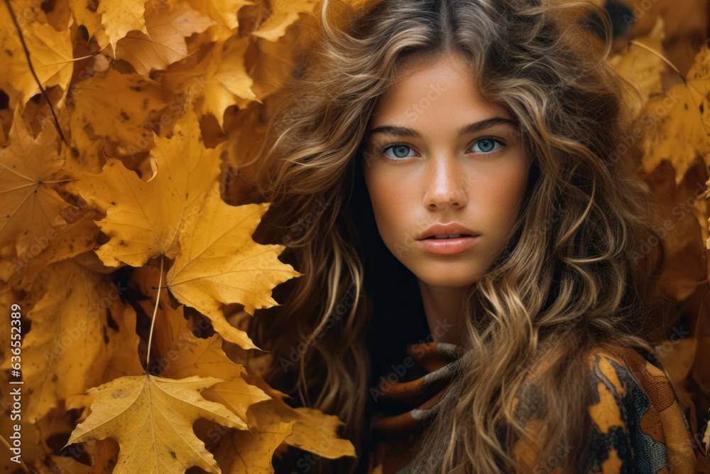 Close up portrait of beautiful young woman in autumn park. Feminine fall season boho fashion. Natural beauty concept. Close up portrait of beautiful young woman in autumn park. Feminine fall season boho fashion. Natural beauty concept.