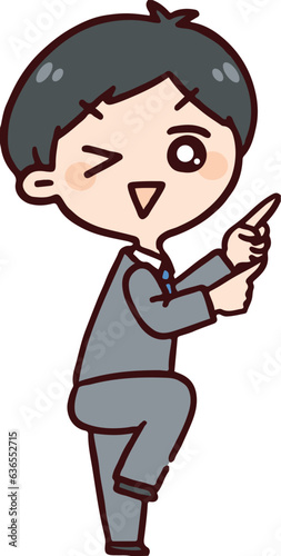 ポイントを指す笑顔の男性