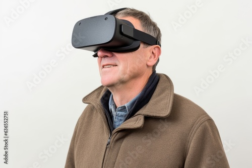 European middle-age man guy use computer technology person wear VR headset virtual reality goggles exploration metaverse modern advanced tech future progress plays game experience abstract background