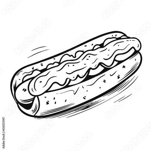 Vector Illustration of a Doodle hot dog HandDrawn vector with lines drawing for logo,icon, black and white cartoon flat style