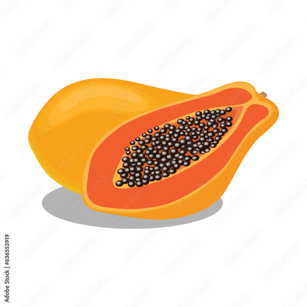 Vector illustration of set papaya fruit whole and sliced. Illustration in cartoon flat style, Carica papaya healthy food for diet vegan isolated white background. Elements for logo, Vector illustration of set papaya fruit whole and sliced. Illustration in cartoon flat style, Carica papaya healthy food for diet vegan isolated white background. Elements for logo,