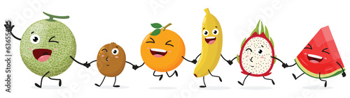 Cute cartoon character watermelon, cantaloupe, orange, kiwi fruit and banana 