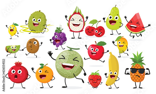 Cute cartoon watermelon, cantaloupe, apple, cherry, orange, strawberry, grape, kiwi fruit, banana, mango, pear, pomegranate, pineapple and lemon  character