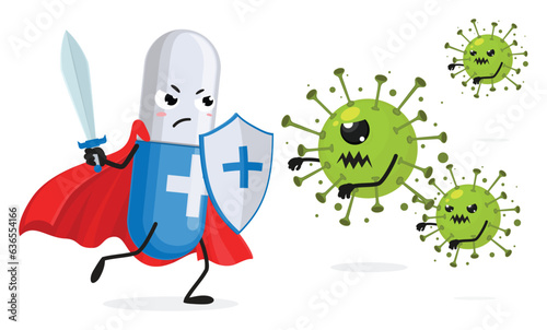 Strong capsule pill cartoon character fight with bacteria virus and germ