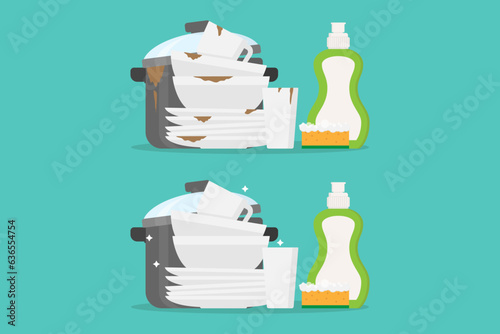 Dirty and clean dishes vector illustration