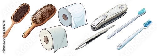 illustration toilet paper, hair brush, toothbrush. generative ai 