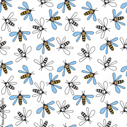 Seamless pattern of bees on a white background. Hand drawn, vector.