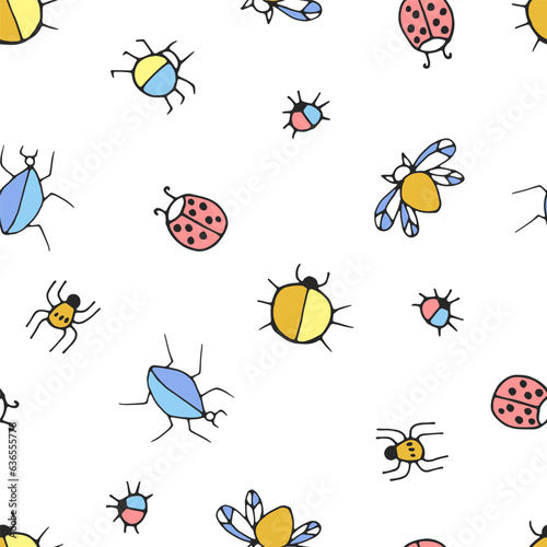 multicolored beetles simple linear drawing, black outline. Hand drawn, vector, seamless pattern. © An Chubenko