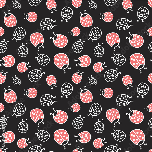 Seamless pattern of ladybugs on a black background. Hand drawn, vector.