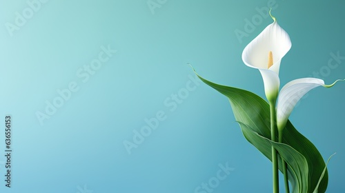  a white flower with a green stem on a blue background.  generative ai