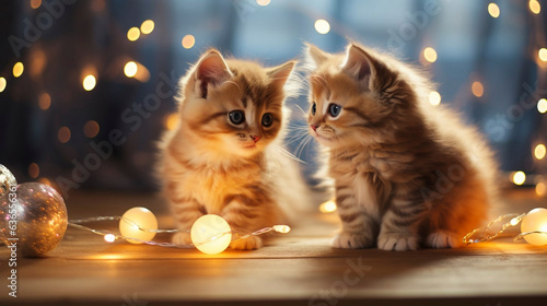AI generated, Beautiful portrait of cute adorable kittens celebrating Christmas. Beautiful design for postcards, napkins etc. Xmas celebration. Kittens playing with Christmas lights.