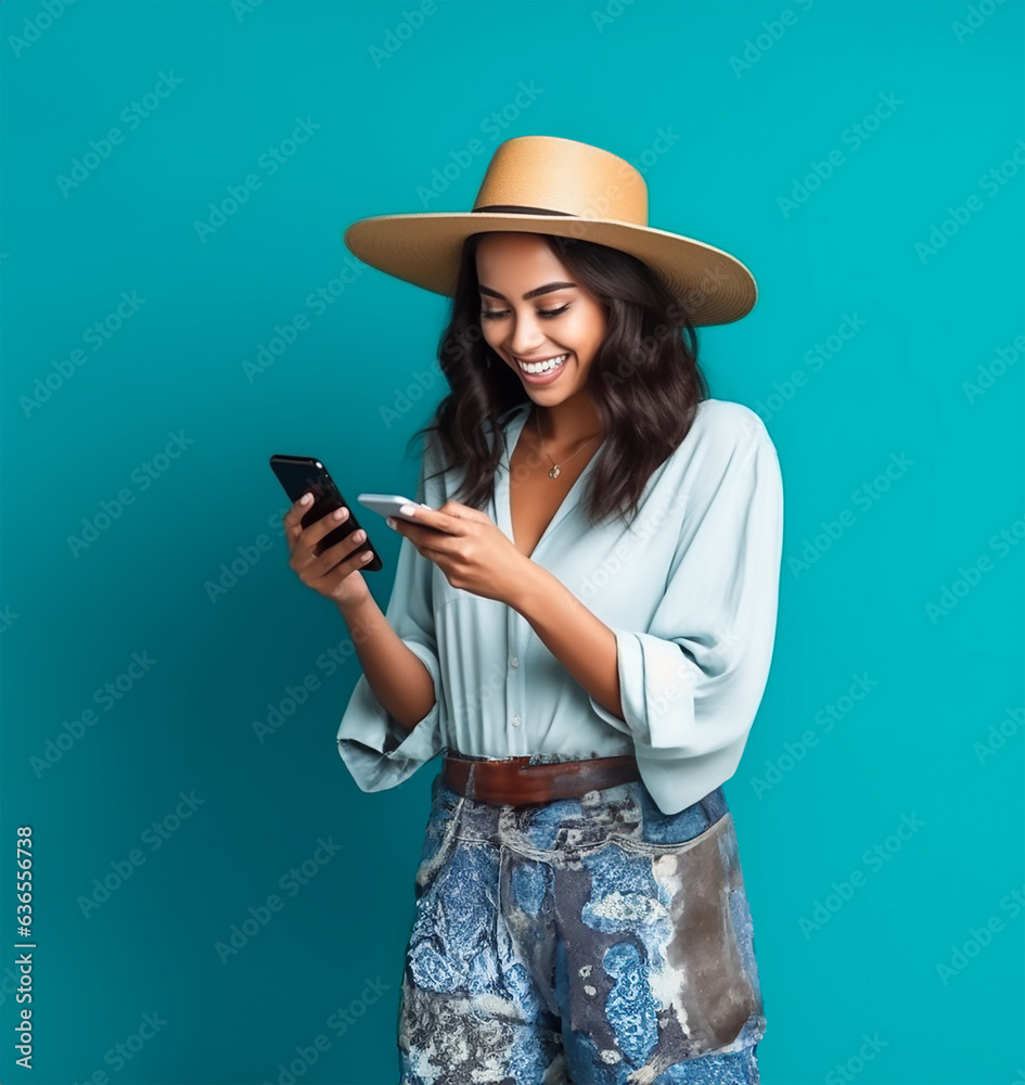 Young adult smiling happy pretty Latin woman holding mobile phone looking at smartphone Young adult smiling happy pretty Latin woman holding mobile phone looking at smartphone