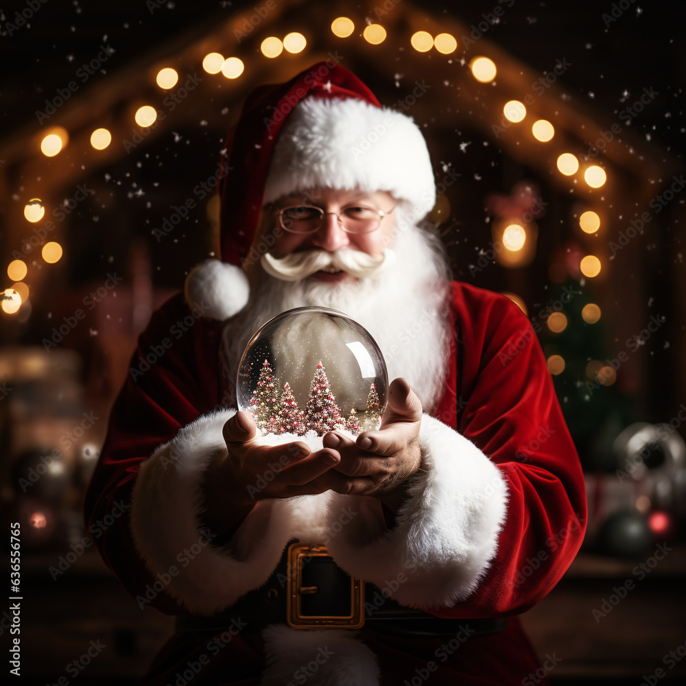 Close-up photo of Santa Claus holding a snow globe projecting an image