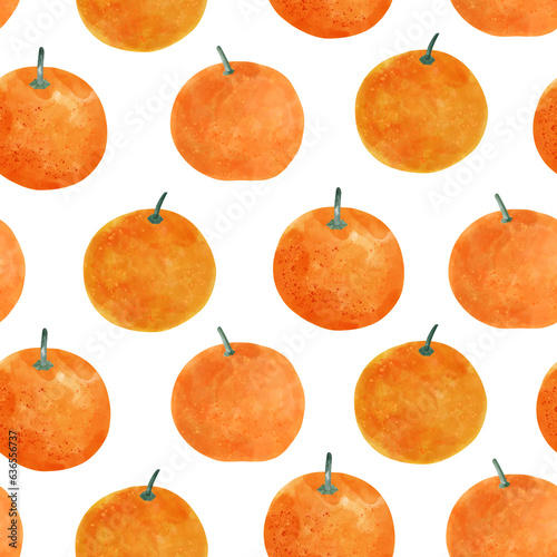 Watercolor seamless pattern. Ripe tangerine fruits. Rhythmic bright pattern. Autumn harvest. Summer orange print for your design. Gardening hobby