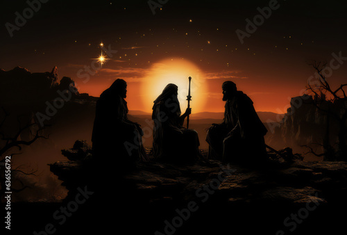 The Three Wise Men on their regal journey guided by the radiant Star of Bethlehem.