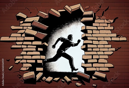 Breaking Barriers - An illustration of a person pushing through a brick wall, representing overcoming obstacles and reaching goals. 