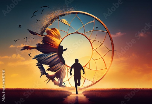 Chasing Dreams - An illustration of a person running towards a giant dreamcatcher in the sky, representing the pursuit of one's passions and aspirations. 