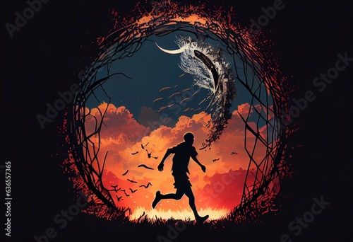 Chasing Dreams - An illustration of a person running towards a giant dreamcatcher in the sky, representing the pursuit of one's passions and aspirations. 