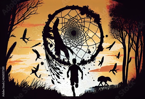 Chasing Dreams - An illustration of a person running towards a giant dreamcatcher in the sky, representing the pursuit of one's passions and aspirations. 
