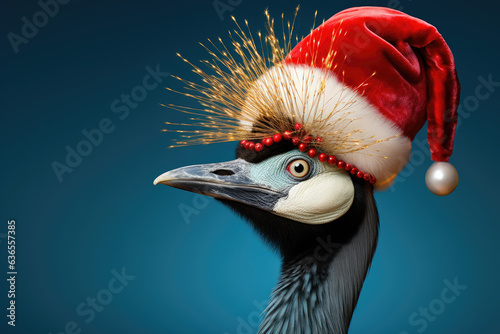 Crowned Cane is wearing a Christmas hat. Posing on blue background, funny looking. Celebrating Christmas concept.