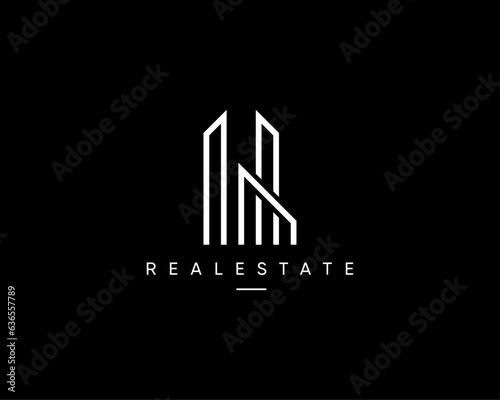 Real estate, building, apartment, architecture, planning, structure, construction, cityscape and city skyline logo design composition.