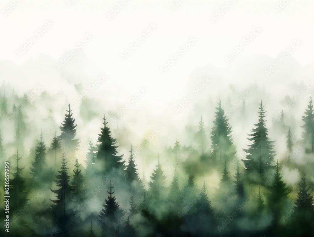 Majestic Pine Forest in Watercolor Fog