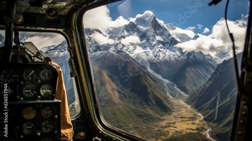A helicopter in the Langtang region of the Himalayas with views of the Ganesh Himal range through the window