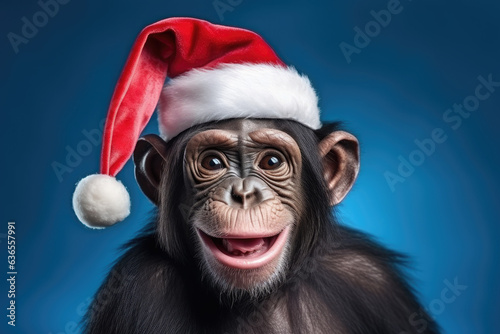 Adorable Young Chimpanzee smiling wearing a Christmas hat. Posing on blue background, funny looking. Celebrating Christmas concept.