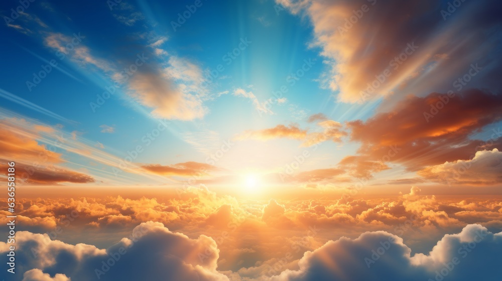 Sunset with sun and clouds on blue and orange dramatic sky with sun rays Sunset with sun and clouds on blue and orange dramatic sky with sun rays