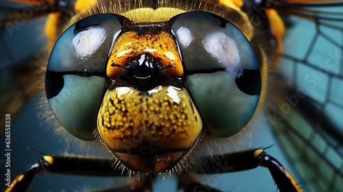  a close up of a yellow and black insect's face.  generative ai © Oleg