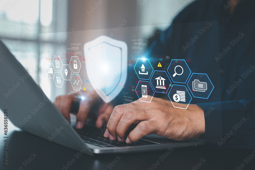 Naklejka premium Cyber security data protection online computer network and personal privacy user access key protect and hacker cybercrime prevent or safety storage cloud transfer sharing financial internet banking