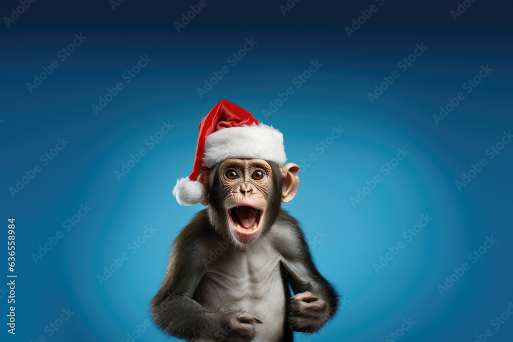 Adorable Young Chimpanzee smiling wearing a Christmas hat. Posing on blue background, funny looking. Celebrating Christmas concept. Adorable Young Chimpanzee smiling wearing a Christmas hat. Posing on blue background, funny looking. Celebrating Christmas concept.