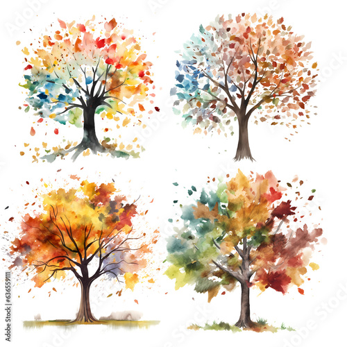 Seasonal Nature Illustration Set of Tree Branches with Vibrant Leaves,  Beauty of Spring, Summer, Autumn, and Winter