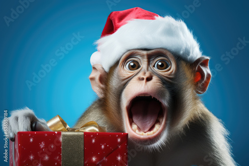 Adorable Young monkey surprised, wearing a Christmas hat. Holding a Christmas present. Posing on blue background, funny looking. Celebrating Christmas concept