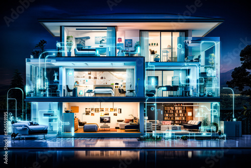 an image of a smart home, featuring various connected devices and appliances AI