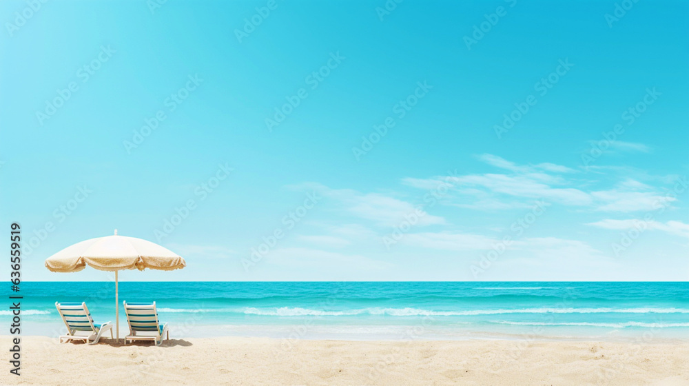 Summer banner with sea beach background. Vacation wallpaper, postcard, card, backdrop. Generative AI